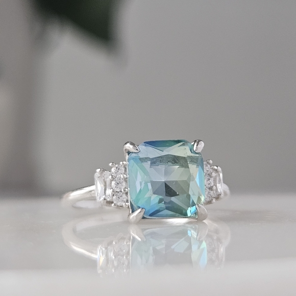 Blue & Teal Aquamarine Cushion Square Gemstone Ring, 925 Sterling Silver - Picture 3 of 5